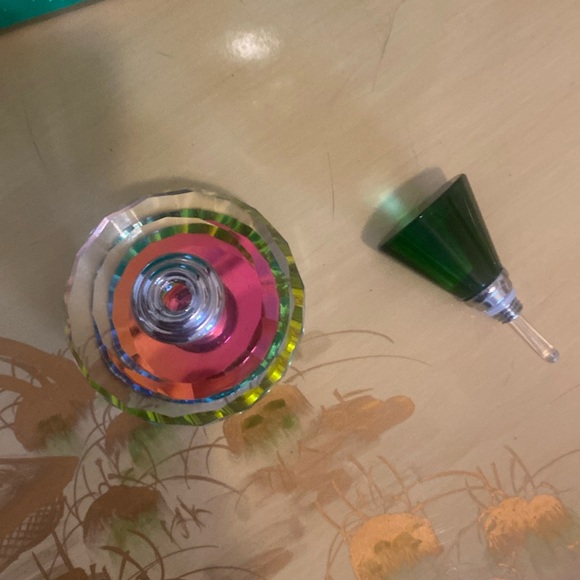 Perfume Glass Bottle Round Rainbow Geometric Prism w/ Green Stopper Vintage - Picture 6 of 12